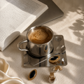 Coffee set up with a mug, spoon and aesthetic accessories