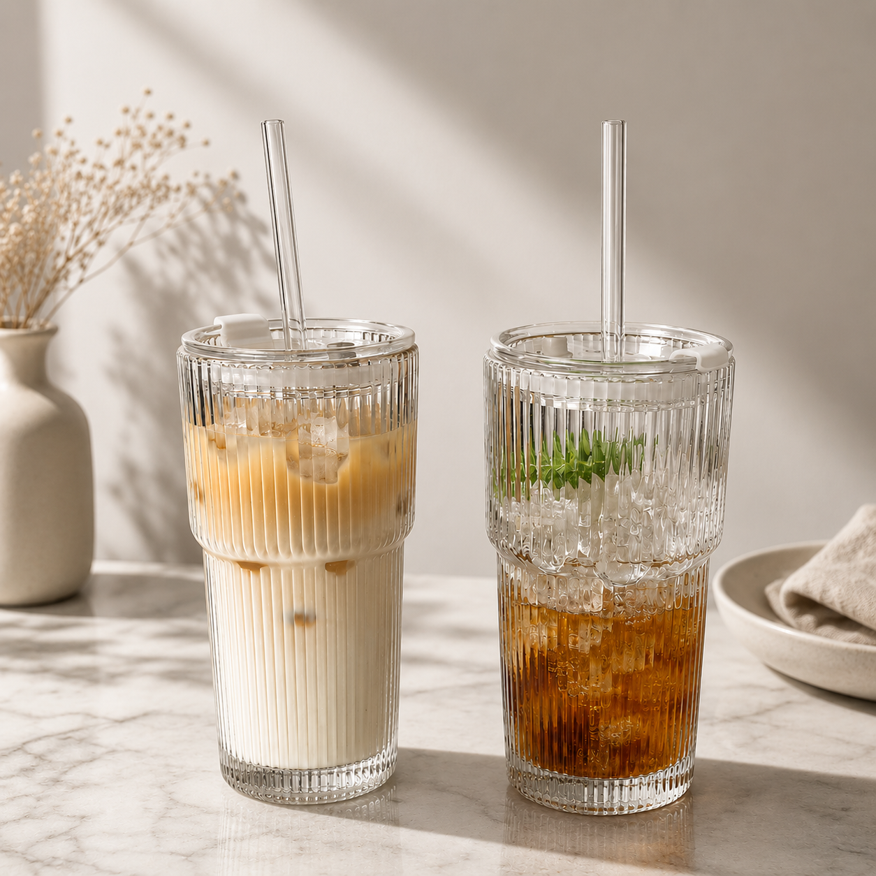 Iced coffee mugs with a straw and glass top cover