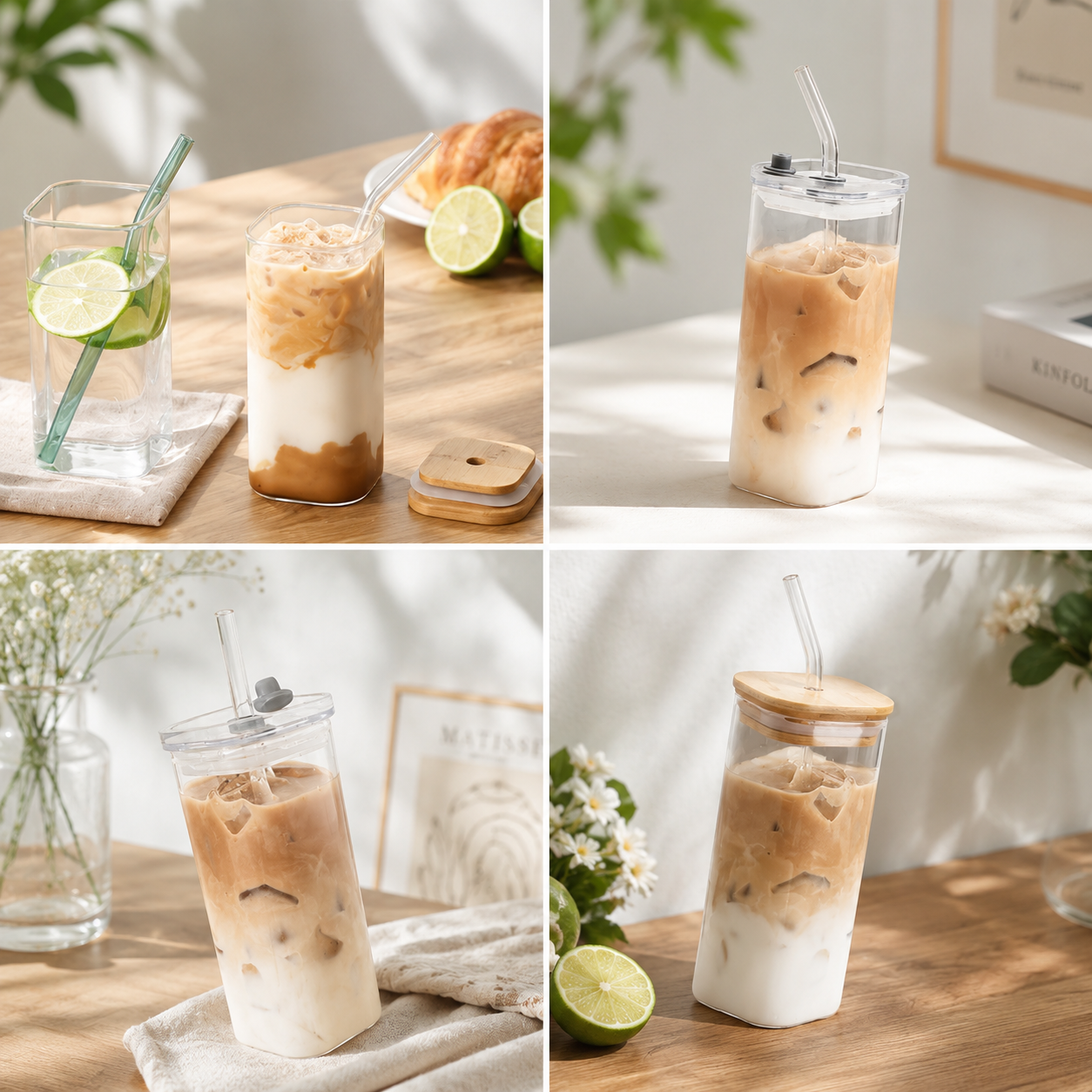 Heat resistant coffee glass with a straw and cover, perfect for travels