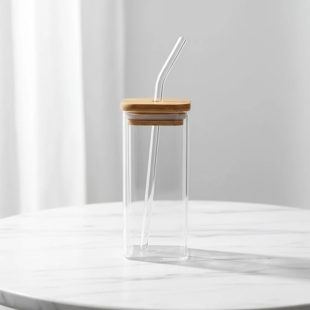 Heat resistant coffee glass with a straw and cover, perfect for travels