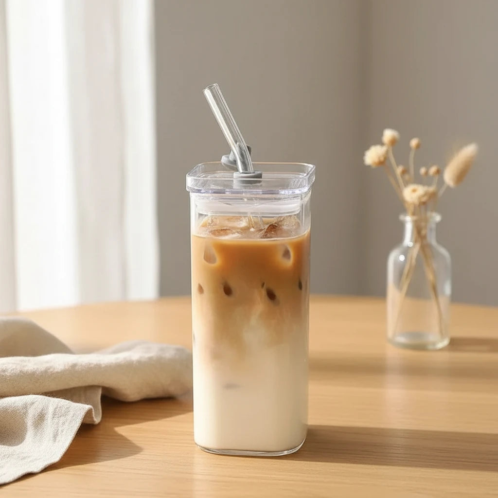 Heat resistant coffee glass with a straw and cover, perfect for travels